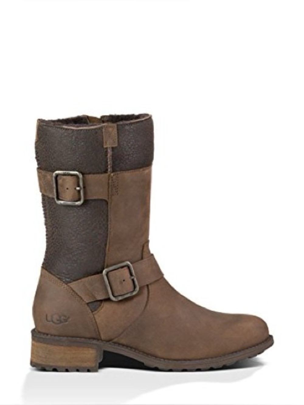 Ugg Oregon Stout Moto Boots 8.5 Brown Leather Shearling Harness Buckle Zip